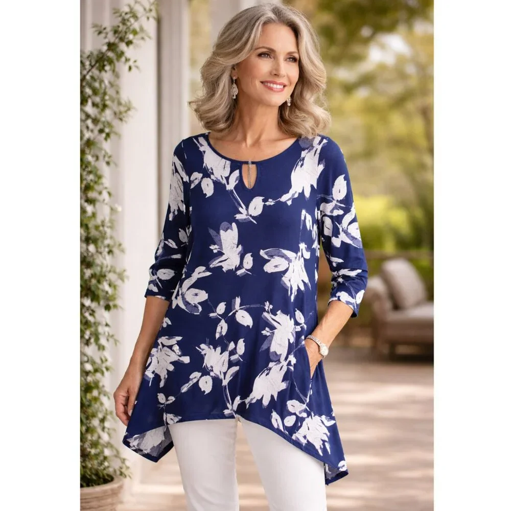 Clara Sun Woo USA Tunic Top Stretch Floral Print Sharkbite Hem size M Relaxed